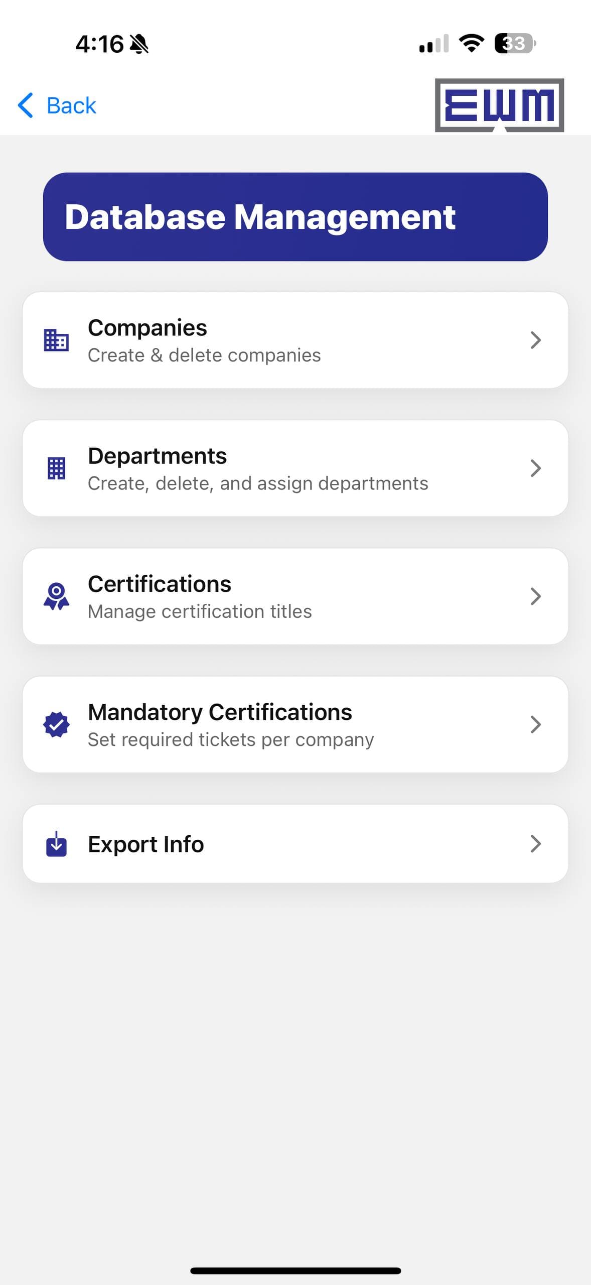 EWM Mobile App — Database management